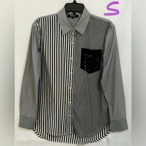 DKNY Women's Black and White Striped Button Down Shirt